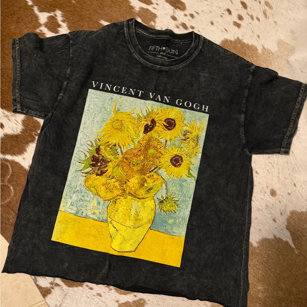 Fifth Sun Black Tee with Yellow Sunflowers Van Gogh Graphic